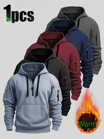 Herrtröja med huva och termofoder, minimalistisk stil för utomhusaktiviteter, höst/vinter, fleece