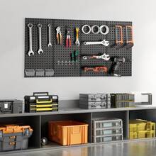 Metal Pegboard Panels, 24" X 12" Pegboard, 4 Panels, Heavy Duty Steel Peg Board Wall Organizer, For Living Room Garage Tool Storage Workbench Office Organization Craft Room Kitchen Home, Black - 24" x 12" 4 Panels - 查看 9