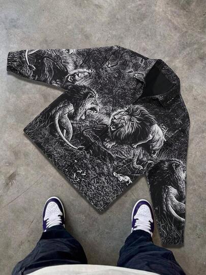 Men's Lightweight Casual Jacket With Lion Animal All-Over Print, Turndown Collar, Zipper Closure, Long Sleeve, Fashionable Outerwear For Spring & Autumn