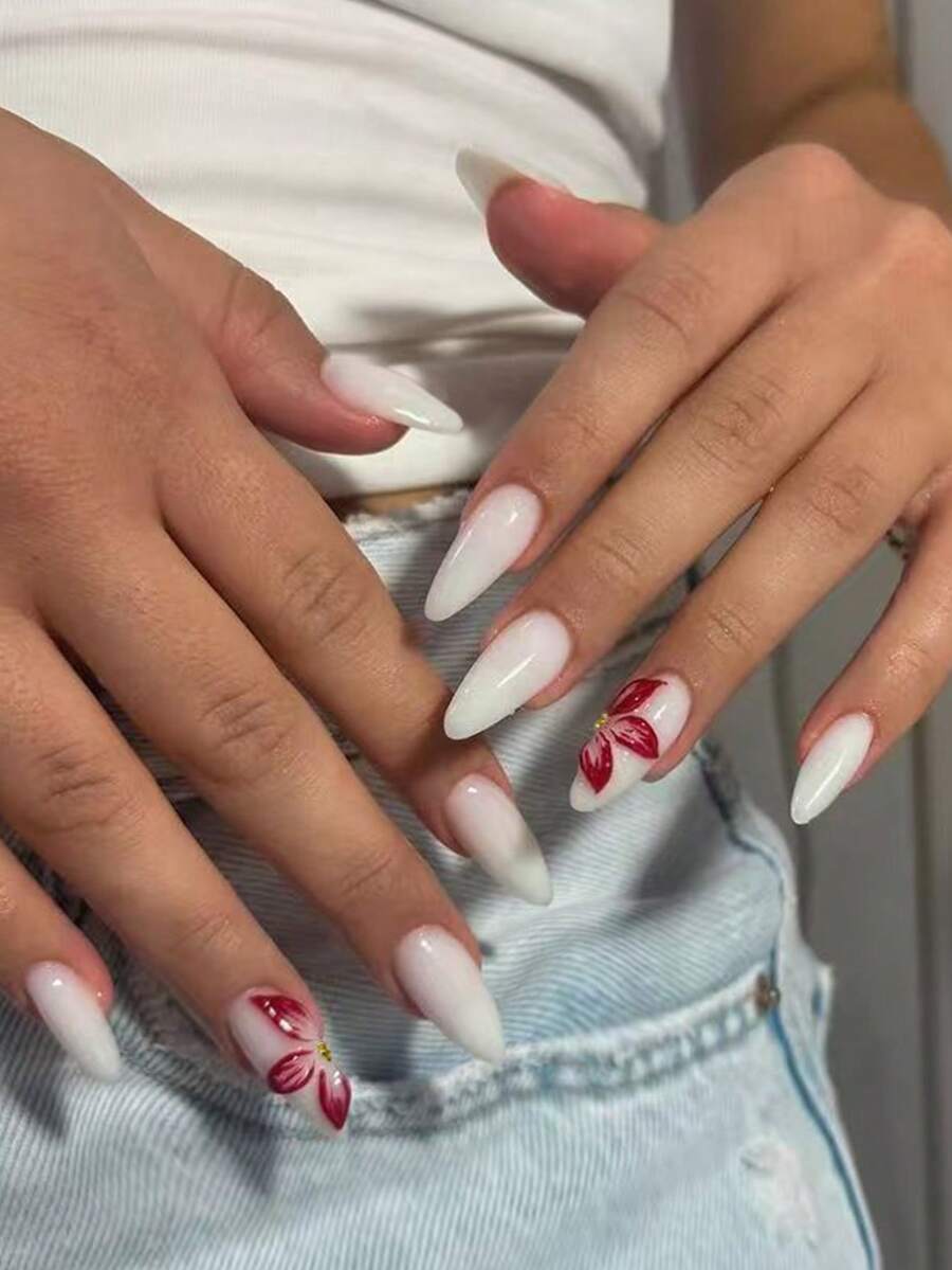 24 件长杏仁 3D 凝胶指甲，打造花朵指甲设计，法式尖头按压指甲，杏仁色带珍珠设计，完美贴合亚克力假指甲套装，包括：1 件果冻胶和 1 件指甲锉，法式杏仁尖指甲让您的指尖闪亮美丽，非常适合派对、舞蹈和日常使用 - 查看 1