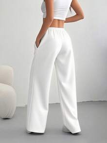 Women's Casual Solid Color Drawstring Waist Sports Pants - White - View 3