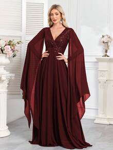 CEILIM 奢华花卉串珠亮片长裙，系带腰身，鱼尾裙摆，优雅正式的派对礼服，适合婚礼宾客、毕业典礼及其他正式场合，春季必备。 - 酒紅色 - 查看 4