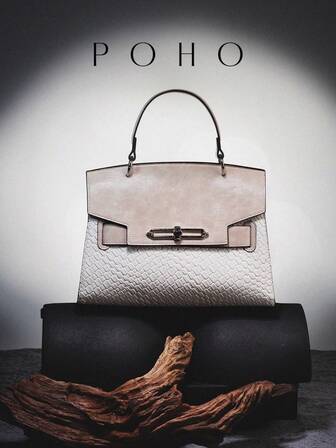 1pc Large Size PU Leather Color Block Washed Lizard Grain Flap Tote Bag, Fashionable And Suitable As A Gift For Wife, Mom, Sister, Friends