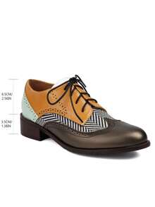 Women's Pointed Toe Lace-Up Brogue Pumps Fashion Mixed Colors Patchwork Block Chunky Heel British Style Flat Oxford Shoes - Greyish Yellow - 查看 5