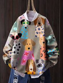 [满印] [轻薄] [毛衣] 休闲可爱小狗图案圆领长袖针织时尚轻薄毛衣 女款 秋冬 - 卡其色 - 查看 6