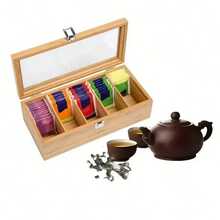 Bamboo Tea Bag Organizer With Clear Glass Lid - Multi-Compartment Storage Box For Tea, Coffee, And Desk Supplies, Natural Wood Finish, Colorful Tea Bag Display, Ideal For Kitchen Or Office Organization, Tea Storage, Back-To-School Shelf Basket - Màu Khaki - Xem 5