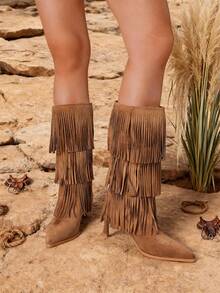 Women's Vintage Western Fringe Boots Pointed Toe Stiletto High Heel Mid Calf Boots Retro Fashionable Tassel Countryside Riding Dress Shoes Woman - 駝色 - 查看 3