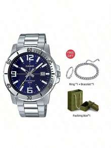 Casio MTP-VD01D-2B 男士模拟腕表，日常石英表，轻便休闲时尚腕表，运动腕表，50米防水不锈钢腕表，适合办公室、学校日常佩戴，经典基础款，蓝色表盘，可作为礼物赠送。 - 藍色 - 查看 1