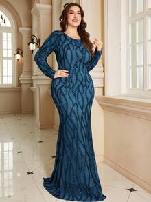 XUIBOL 高品质弹力优雅亮片拼接超修身加大码 V 领晚会鸡尾酒会婚礼周年家庭正式庆典新娘送礼会生日庆祝短袖奢华庄重新娘母亲礼服（重度装饰） - 水鴨藍 - 查看 6