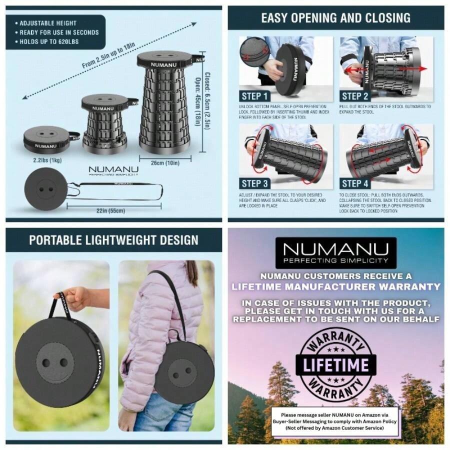 - Taburete plegable mejorado 2025, mximo 600 libras, asiento telescpico retrctil de altura ajustable, taburete plegable porttil, silla de viaje, asiento de camping plegable o reposapis - Taburete estándar 2025 (sin accesorios) - Ver 1