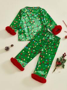 Kid Christmas Satin Pajamas Set Light String Print Long Sleeve Lapel Button Down Tops With Pants Sleepwear - Green - View 7