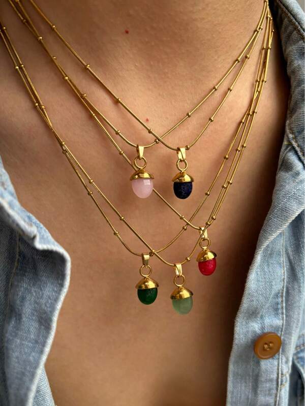 1pc Fashionable Delicate Handmade Stainless Steel Clavicle Chain Necklace With Natural Stone Multicolor Pendant, Versatile Accessory For Women, Autumn/Winter