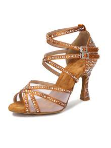 Giày khiêu vũ Latin màu đồng, giày khiêu vũ Tango Salsa đế mềm dành cho nữ, giày dự tiệc trong nhà bằng satin, giày cưới đính đá, gót cao kiểu 9cm, giày thi đấu và tập luyện. - Đồng - Xem 17