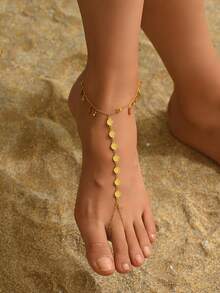 1pc Gold Chain With Round Coin & Bell Pendant Anklet, Suitable For Women's Beach Vacation Exotic Style Wear - Golden - View 7