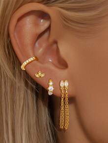 4 Pcs Deluxe 24K Gold Plated Cubic Zirconia Drop Dangle Earrings For Women Flower Chain Tassel Stud Earrings For Women Hoop Earrings Set