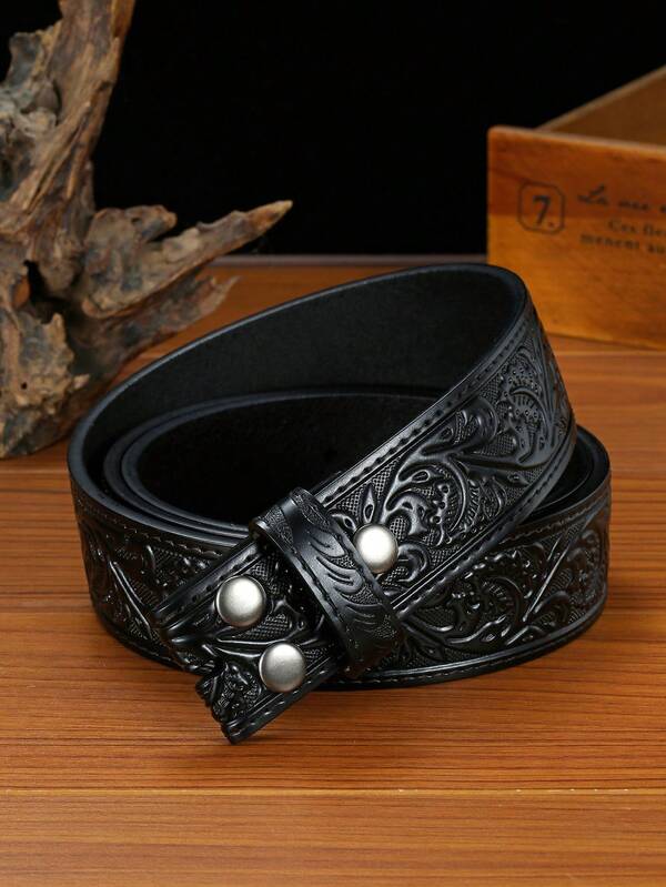 Joopzqm 1pc Men's Punk Embossed Leaf Pattern Buckle-Less Genuine Leather Belt, Retro Western Cowboy Buttonless Strap Old Money Vintage Autumn/Fall Urban Outfit Classic Christmas Winter Fashion Daily Men Boyfriend Gift