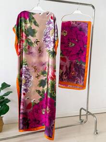 1 Set Tk Hot-Selling! Plus Size Long Shawl Set For Women - On Now! Faux Silk Floral Print Shawl & Scarf Set, Perfect For Beach Outings, Sun Protection, Layering, And Daily Wear! For Dress - Multicolor - View 3