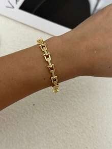 14K Gold Plated Rhinestone Embellished Minimalist Luxury Bamboo Knot Bracelet Set - Gold - View 16