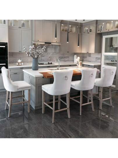 Contemporary Fluwelen Upholstered Bar Stool Buttoned Lattice Wooden Legs Chrome Nailhead Chair, Stools, DE2002BL view 3