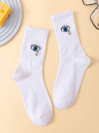 1 Pair Women's All-Match White Crew Socks With Crying Eye Design, Minimalist And Versatile For Everyday Wear