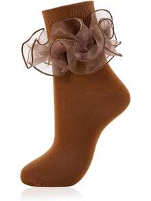 Women Big Ruffle Ankle Socks Adult Double Lace Frilly Socks Fold Cuff Cotton Ruffled Dress Crew Bobby Bride Sock - màu nâu - Xem 1