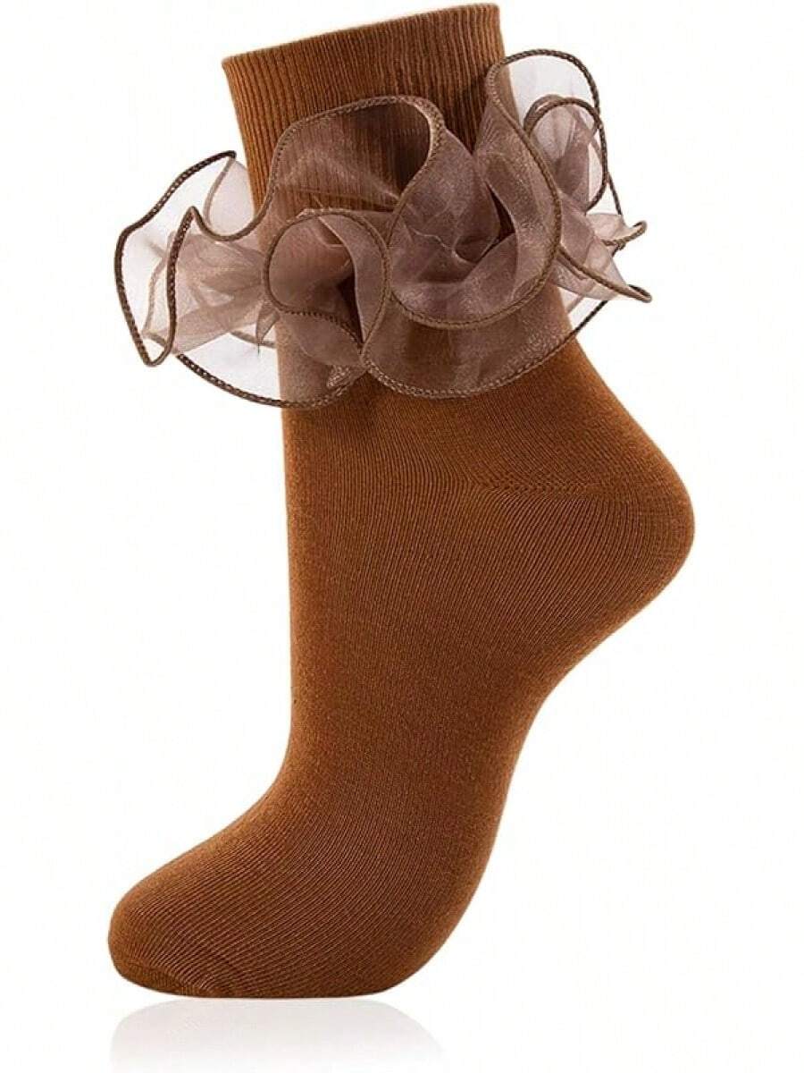 Women Big Ruffle Ankle Socks Adult Double Lace Frilly Socks Fold Cuff Cotton Ruffled Dress Crew Bobby Bride Sock - màu nâu - Xem 1