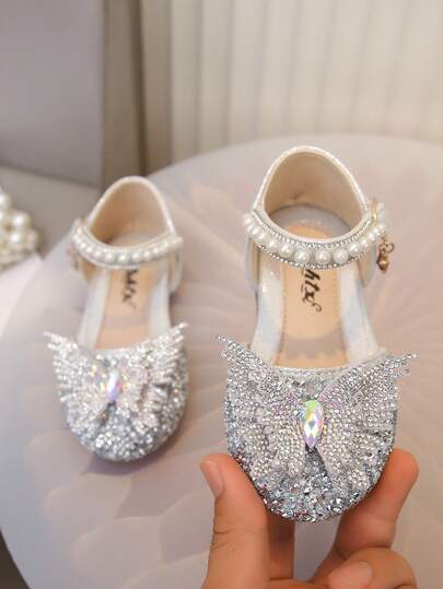 1 Çift Çocuk Pembe Yapay Elmas İnci Fiyonk Dekor Gilly PU Eklemeli Yuvarlak Burunlu Kız Çocuk Düz Sandaletleri, Günlük Giyim, Dans, Açık Hava, Festivaller, Partiler, Parıltılı Dekorlu Kapalı Burunlu Prenses Ayakkabıları, İlkbahar, Yaz ve Sonbahar İçin Uygundur