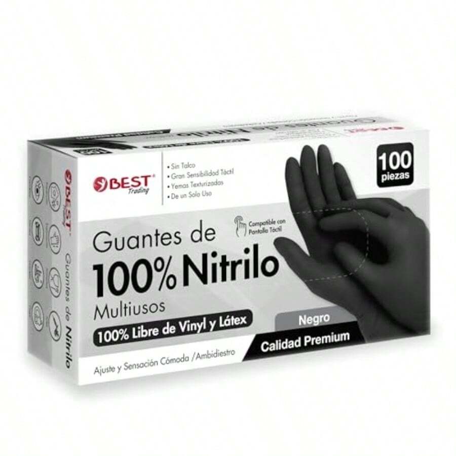 Best Trading 100 Guantes 100% Nitrilo Color Negro: Libres de Látex y Vinyl Alta Calidad Premium Tecnología Touchscreen. Comodidad y Funcionalidad en tus Manos - Chica - Ver 1