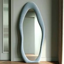 Full Length Mirror, 63" X 24" Wall Mirror, Flannel Wrapped Wooden Frame Full Body Mirror, Irregular Wavy Mirror Hanging Or Leaning Against Wall For Cloakroom/Bedroom/Living Room, Blue,24331387 - 藏蓝色 - 查看 2