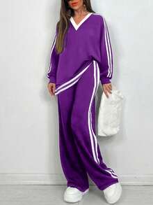 Setelan Kaos Lengan Panjang Leher V Kasual Wanita Ukuran Besar + Celana Panjang Lebar dengan Saku dan Garis Samping, Musim Semi/Gugur - Purple - View 4