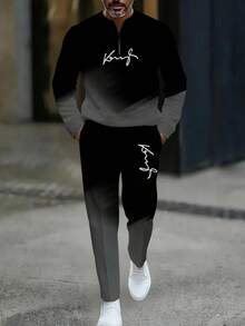 Autumn/Winter New Men's Casual Stand-Up Collar Suit, With "King" Text Logo, Gradient Style Men's Stand-Up Collar Zipper Casual Sport Suit, With Purple, Green, Dark Gray, Light Gray And Other Color Matching, Each Set Includes A Stand-Up Collar Half Zipper Top And A Draw Casual Long Pants, The Overall Use Of Gradient Color Design Sports, Street Style Suit, Men's Clothing, Men's Suit.  Striped    Spring/Fall    Regular Fit    Pocket  Zipper    Going Out  Daily - Xám - Xem 1