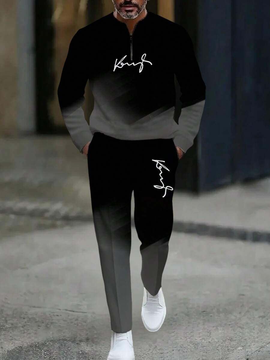 Autumn/Winter New Men's Casual Stand-Up Collar Suit, With "King" Text Logo, Gradient Style Men's Stand-Up Collar Zipper Casual Sport Suit, With Purple, Green, Dark Gray, Light Gray And Other Color Matching, Each Set Includes A Stand-Up Collar Half Zipper Top And A Draw Casual Long Pants, The Overall Use Of Gradient Color Design Sports, Street Style Suit, Men's Clothing, Men's Suit.  Striped    Spring/Fall    Regular Fit    Pocket  Zipper    Going Out  Daily - Xám - Xem 1