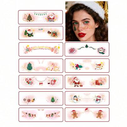 （12 件套）色彩缤纷、可爱的圣诞临时面部纹身，包括彩虹色、圣诞老人、驯鹿、雪橇、长袜、植物、铃铛、礼物、雪花，适合女孩甜美可爱，也适合作为送给朋友的圣诞礼物