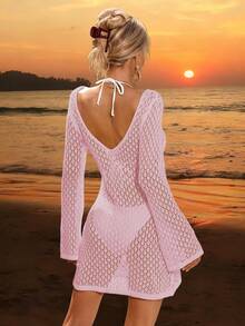 Women's Long Sleeve Hollow Out Swimsuit Cover Up, Elegant Bohemian Beach Resort Style, V-Neck Skirt - Pink - View 3