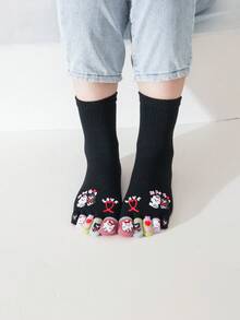 1/5 双女式可爱卡通分趾袜，创意个性化五指中筒袜，百搭时尚五趾袜，适合所有季节 - 彩色 - 查看 15