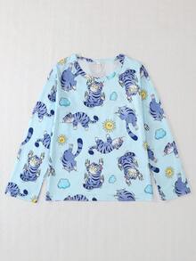 2pcs/Set Girls & Teens Casual Cartoon Cat Animal Print Crew Neck Long Sleeve Sweatshirt And Pants Sleepwear Set, Flame Retardant, All Season - Baby Blue - View 3