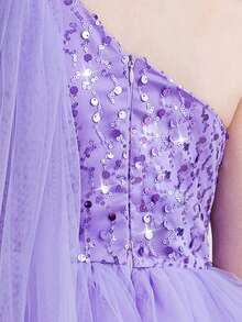 女童蝴蝶结肩部薄纱公主裙，适合生日派对、花童、婚礼、舞会、节日活动 - 淡紫色 - 查看 6