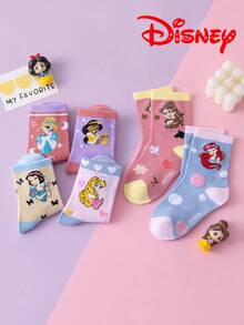 Disney 10/5 Pairs Princess Series Socks, Cute Princess Elsa, Mermaid Princess Mid-Calf Socks For Girls, Cartoon Breathable Winter Socks For Boys And Toddlers