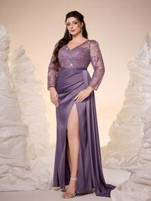 Mgiacy-Pop、新品、V领、刺绣蕾丝、串珠、长袖、开衩星光缎下摆、亮片、晚礼服、适合、晚宴 - 藕粉色 - 查看 1