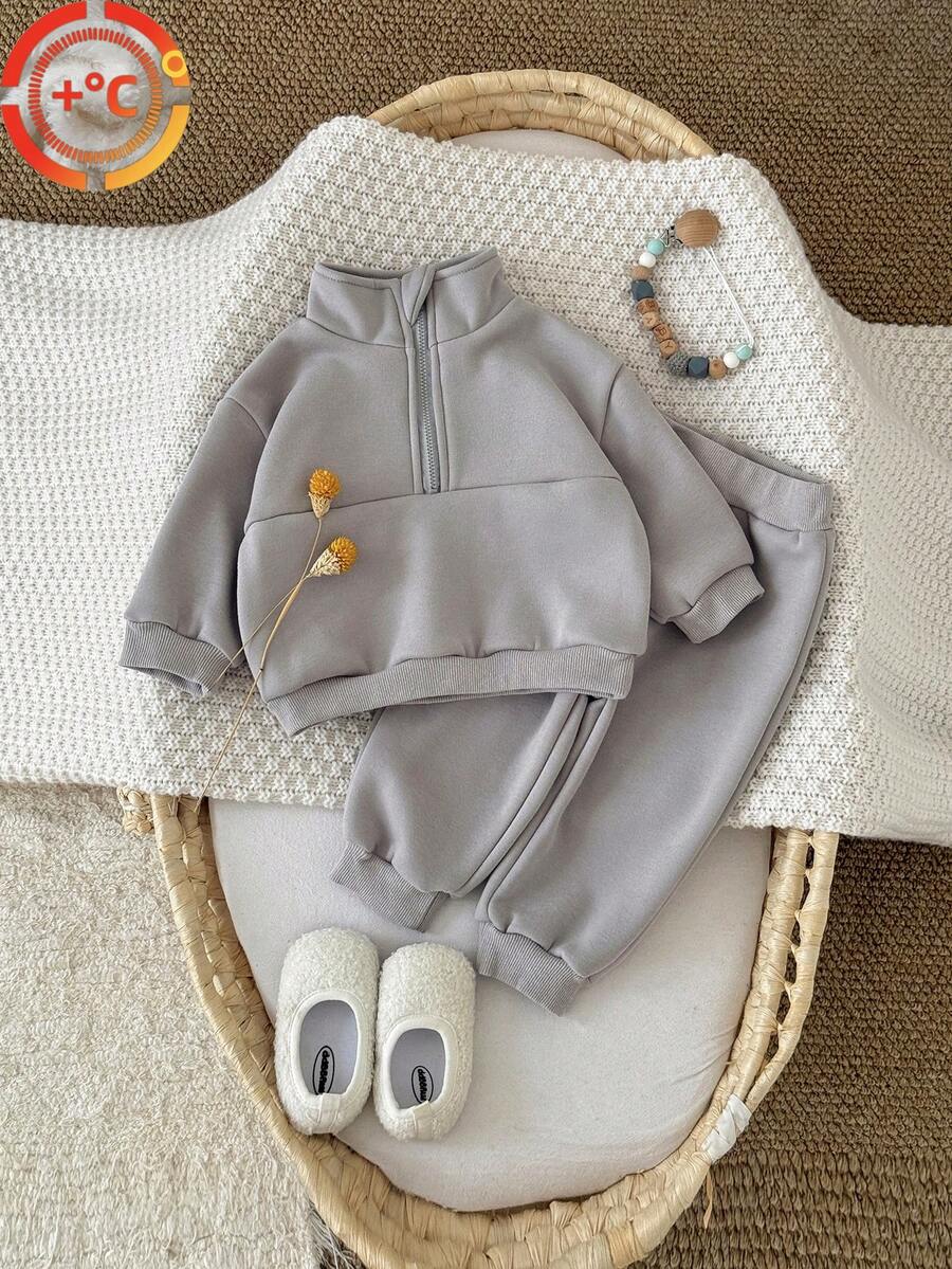 2pcs/Set Baby Boy Casual Solid Dark Gray Long Sleeve Stand Collar Zip-Up Fleece Hoodie And Pants, Autumn/Winter
