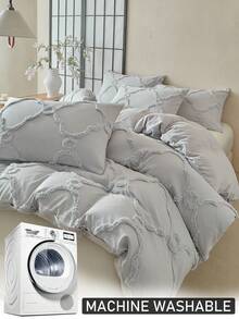 2/3pcs Light Grey Diamond Pattern Tufted Polyester Duvet Cover Set, Chic Modern Luxury Queen Size Bedding Set For All Seasons (1 Duvet Cover+ 1/2 Pillow Shams), Soft& Breathable, No Filler - Grey - View 5