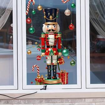 1pc Christmas Nutcracker, Colorful Ball Candy Cane Window Cling Sticker, Creative DIY Self-Adhesive Removable Glass Decor For Living Room, Bedroom, Dining Room, Study, Bathroom Wall Stickers Room Decor Wall Decor Wall Sticker Bedroom Decor Kitchen Decor Home Decor