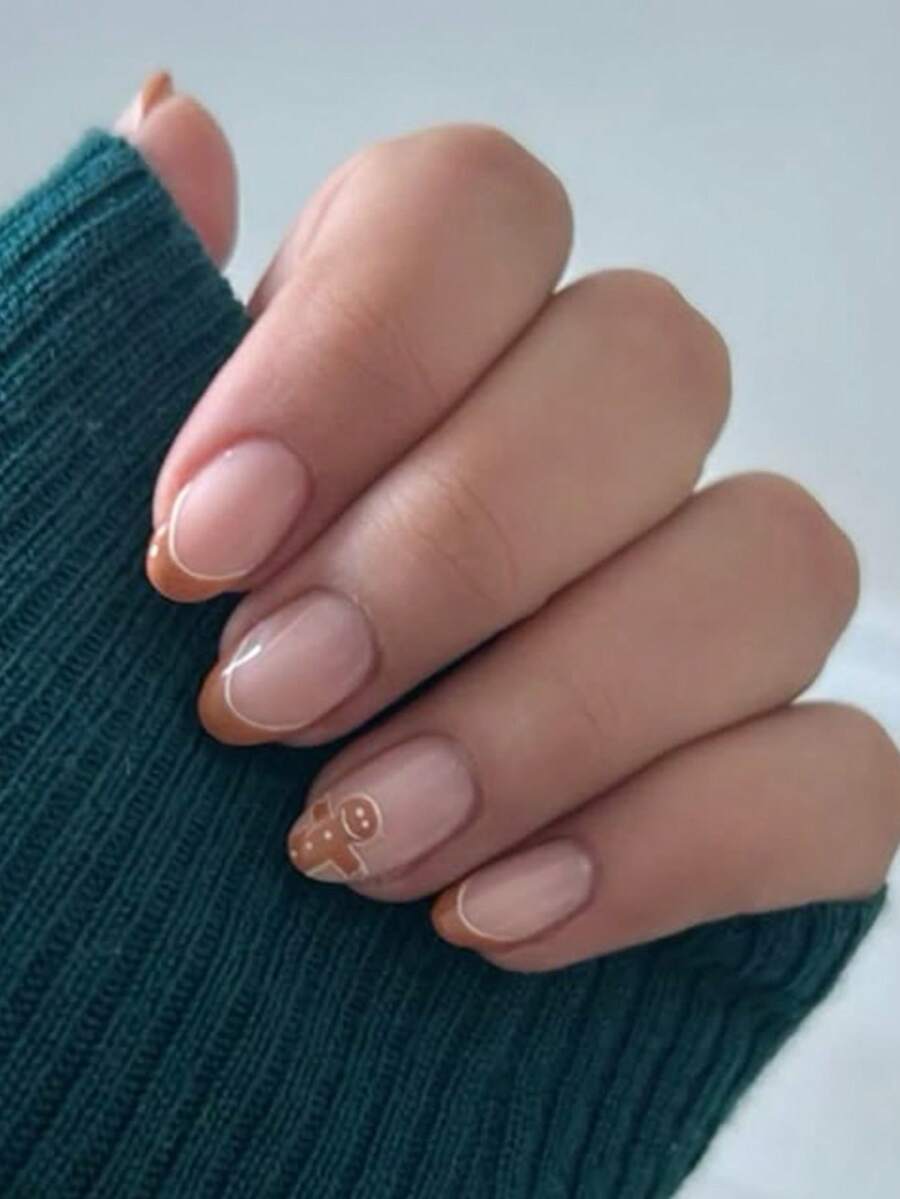 24片椭圆形浮雕美甲贴纸，棕色和秋冬色系，简约姜饼人设计（带有可爱的姜饼人元素），浮雕美甲贴纸套装，亚克力浮雕美甲贴纸，假指甲，适合女性约会、派对、日常工作、新年礼物、聚会和其他场合，增添您的魅力。