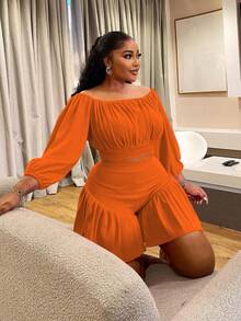 Plus Size Women's Ruffled One-Shoulder Puff Sleeve Top & Shorts 2-Piece Set - Sweetheart Neckline Waist-Defining Casual Outfit Date, Vacation & Party,Plus Size Fall Clothes Women,Plus Size Women Clothes,Seven Colors Are Available Selection.Please Check Size Chart Before Purchasing. - 橘色 - 查看 3