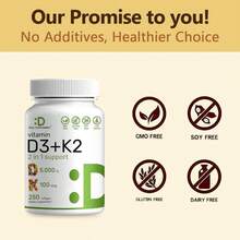 Supplement Vitamin D3 & K2,250 VeggieSoftgels2-In-1 Formula(5000 LU D3 +100mcg K2 MK7) Supports Healthy BonesTeeth,Heart,&Lmmune SvstemlNutrition &Healthcare Supplement Dietary Edible Fitness - 3瓶 - 查看 4