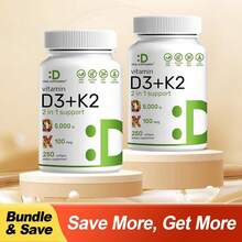 Supplement Vitamin D3 & K2,250 VeggieSoftgels2-In-1 Formula(5000 LU D3 +100mcg K2 MK7) Supports Healthy BonesTeeth,Heart,&Lmmune SvstemlNutrition &Healthcare Supplement Dietary Edible Fitness - 2瓶 - 查看 1