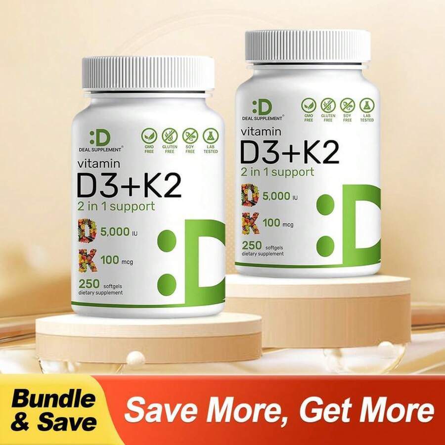 Supplement Vitamin D3 & K2,250 VeggieSoftgels2-In-1 Formula(5000 LU D3 +100mcg K2 MK7) Supports Healthy BonesTeeth,Heart,&Lmmune SvstemlNutrition &Healthcare Supplement Dietary Edible Fitness - 2瓶 - 查看 1