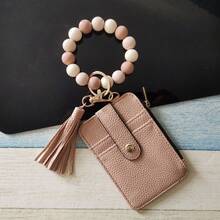 PU Leather Tassel Wallet Silicone Beaded Key Chain Silicone Beaded Bracelet Silicone Beaded Hand String Card Bag Case Women's Wallet Key Chain Wrist Strap Western Cowboy Bracelet Card Bag Cow Print Card Bag