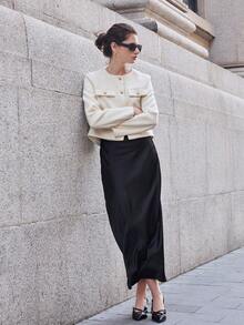 Falda elástica de textura de satén versátil y adecuada para todo el año, versión petite de moda para mujer - Negro - Negro - Ver 9