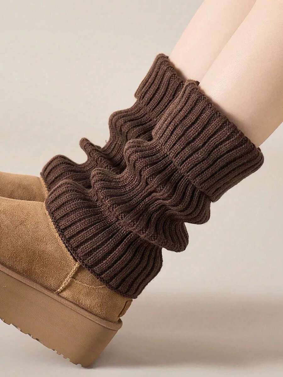 1 Pair Women Knitted Leg Warmers, White Calf Socks, Suitable For Autumn/Winter - Coffee Brown - View 1
